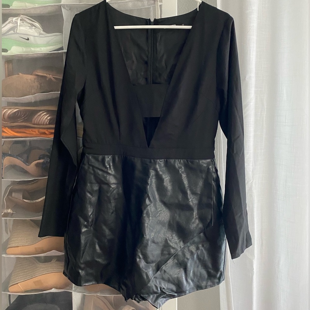 Missguided Long Sleeve Black Romper with Leather and Cut-Out Details
